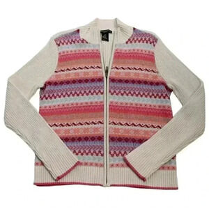 Vintage Women's Petite Small 100% Wool Multicolor Fair Isle Full Zip Sweater